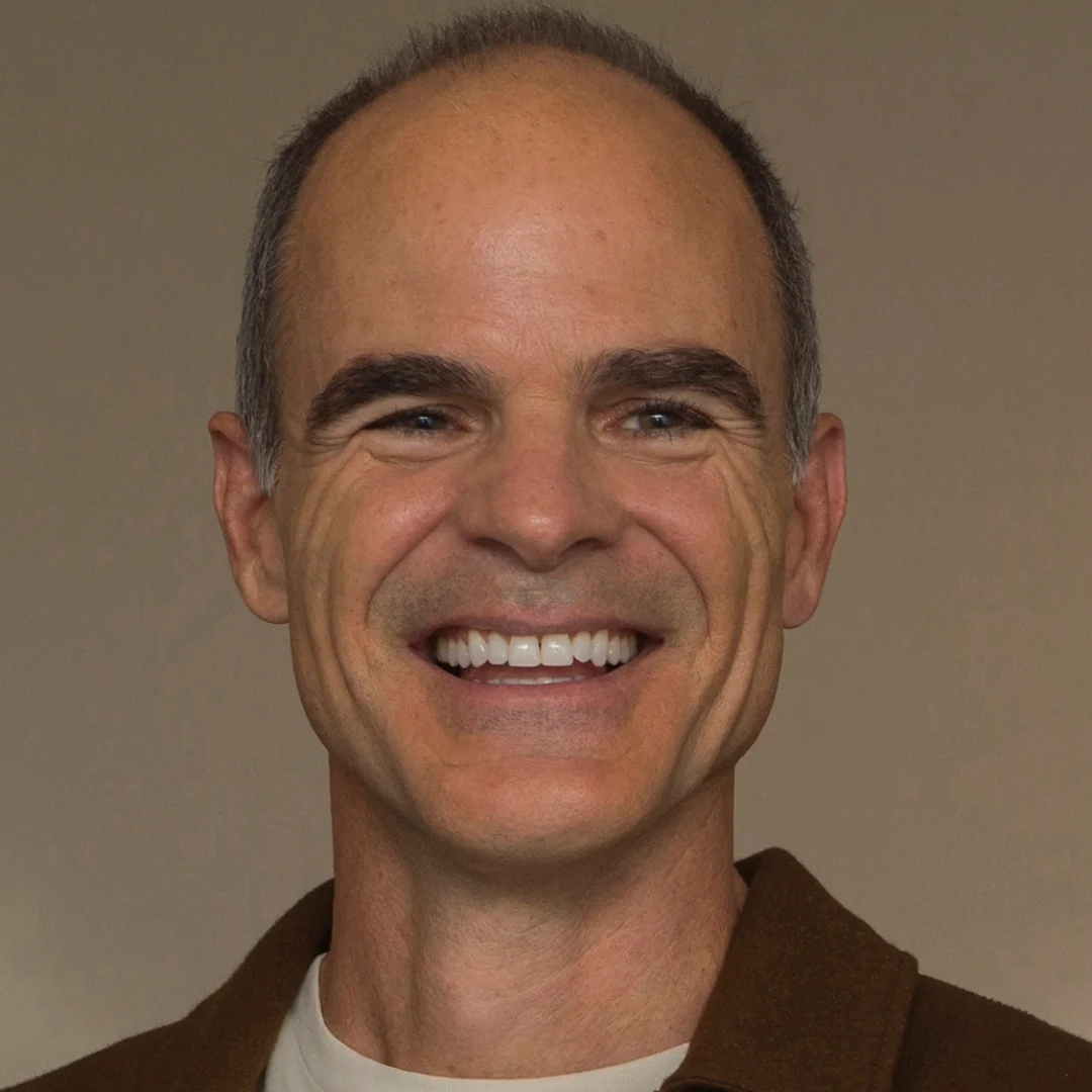 Michael Kelly with curly hair, smiling at a press event.